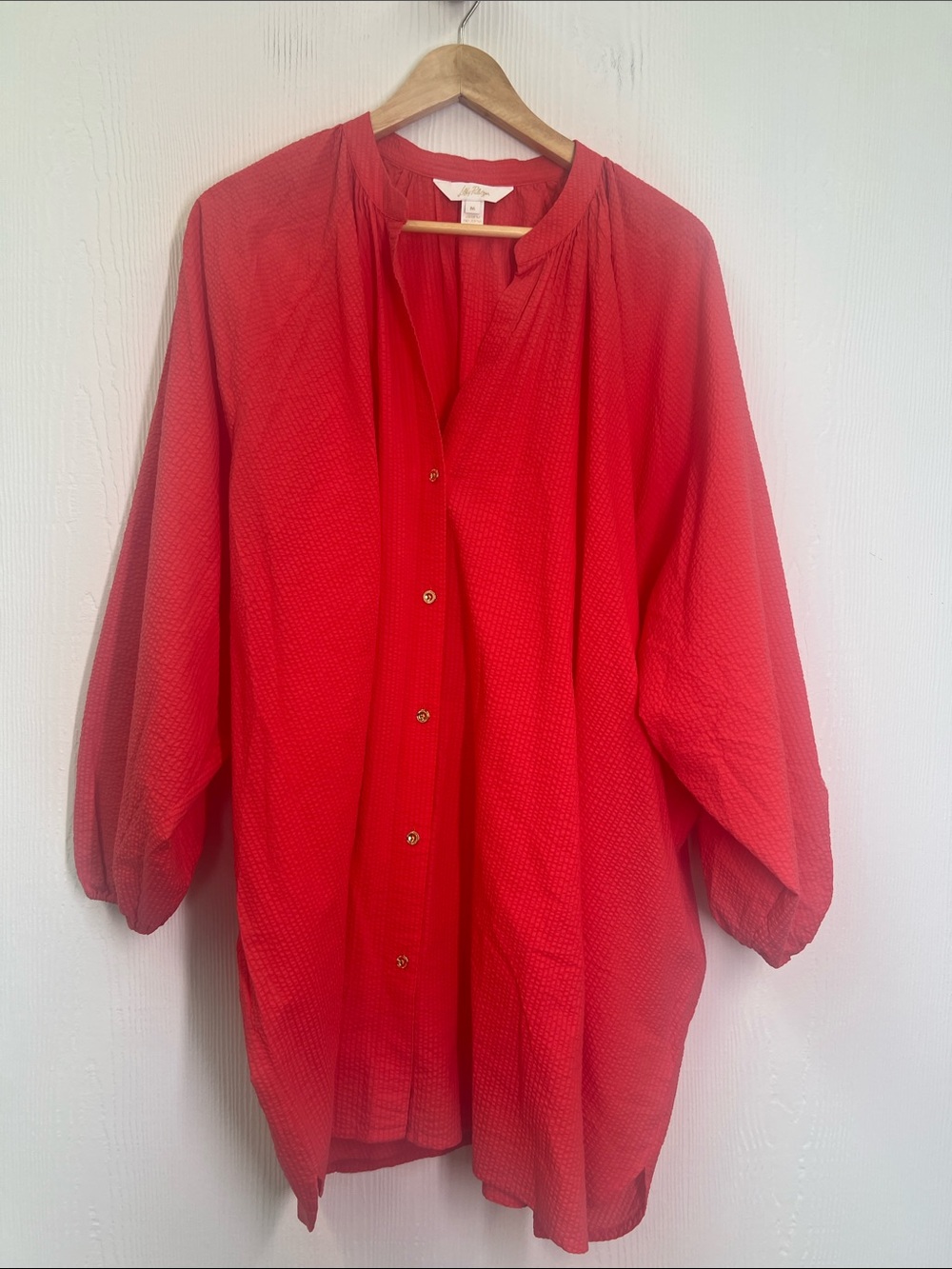 Lilly Pulitzer - Andrea Seersucker Red Loose Oversized Button Down Blouse Med - Picture 6 of 8